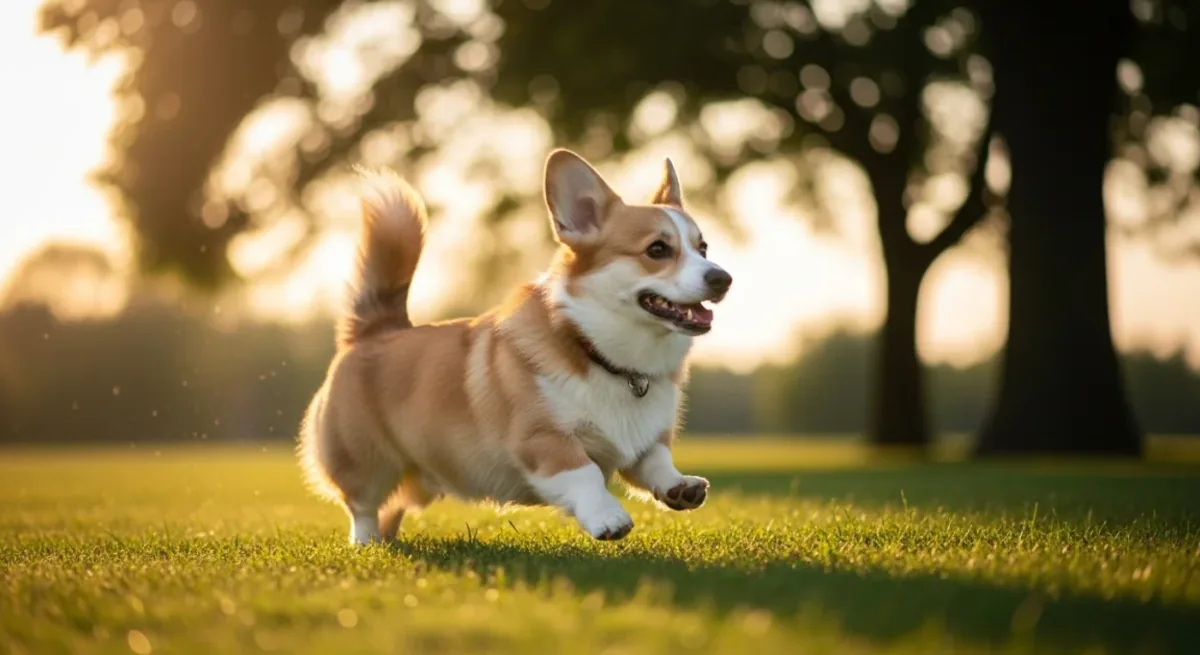 Corgi Pembroke au trot dans une prairie, en plein mouvement, oreilles dressées