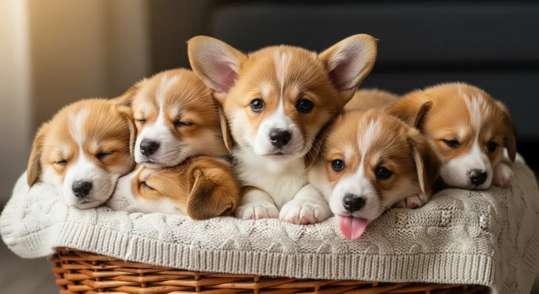Portée de chiots corgi Pembroke blottis dans un panier, illustrant la forte demande